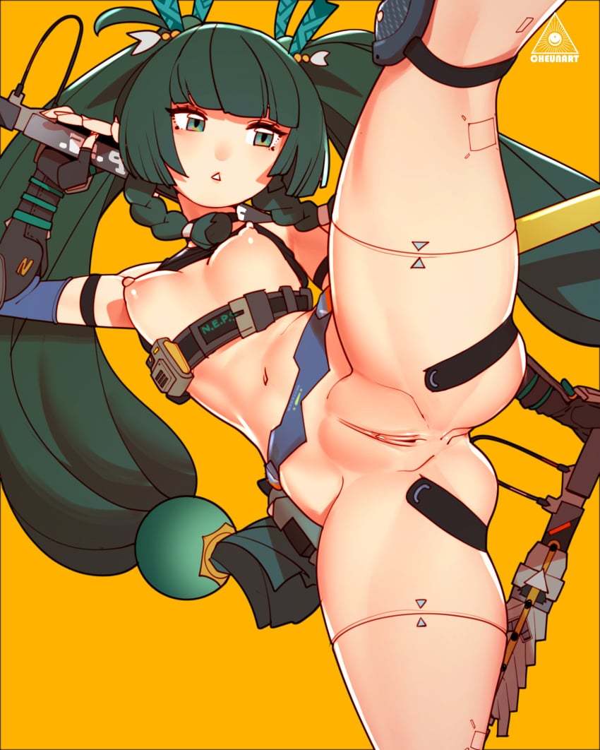 absurdres android black_gloves blunt_bangs braid breasts cheunchin female fingerless_gloves gloves green_eyes green_hair highres holding holding_weapon knee_pads long_hair navel nipples pussy qingyi_(zenless_zone_zero) simple_background small_breasts solo split standing standing_on_one_leg standing_split triangle_mouth twin_braids twintails uncensored weapon yellow_background zenless_zone_zero