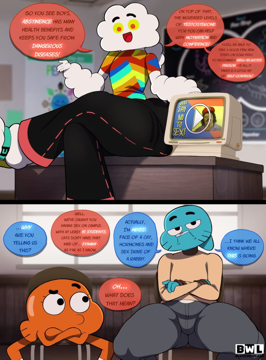 3boys ass big_ass big_butt blackwhiplash bulge crossed_arms darwin_watterson dialogue femboy fully_clothed furry gumball_watterson hyper_thighs imminent_anal imminent_rape imminent_sex male male_only mr._small sitting text the_amazing_world_of_gumball thick_thighs