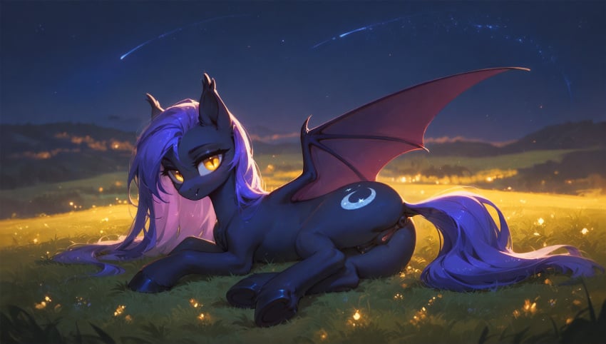 ai_generated background bat_pony bat_wings blue_hair crotchboobs crotchboobs_visible_through_thighs cutie_mark dark_body detailed_background equine equine_anus equine_genitalia equine_pussy fangs female female_only friendship_is_magic hooves laying_down laying_on_ground looking_at_viewer my_little_pony naked naked_female nude nude_female original_character pony pony_ears solo_female wings yellow_eyes