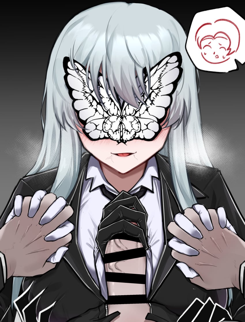 1boy 1girls absurdres angelica_(library_of_ruina) bar_censor black_coat black_gloves black_necktie blush bug butterfly butterfly_over_eye censored coat collared_shirt e.g.o_(project_moon) female gloves handjob hands_up highres holding_hands jjong_(7_jjong_9) lapels library_of_ruina long_hair multi_arm multi_limb necktie notched_lapels parted_lips penis pov pov_hands project_moon roland_(library_of_ruina) shirt sidelocks smile solemn_lament_(e.g.o) stray_pubic_hair very_long_hair white_gloves white_hair white_shirt