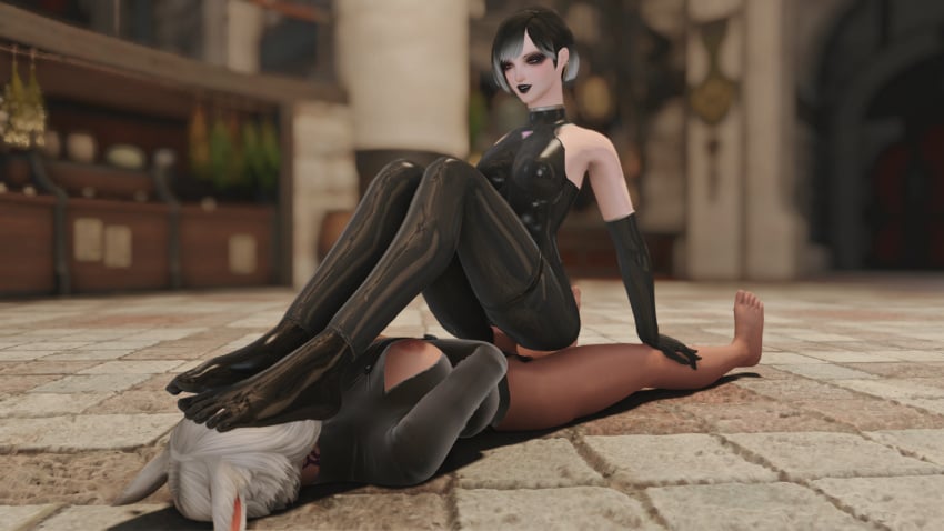 2girls black_hair final_fantasy_xiv foot_fetish foot_on_face futa_on_female futanari gpose(ffxiv) latex latex_gloves latex_suit midlander miqo'te original_character penetration straitjacket vaginal_penetration y'shtola yuri