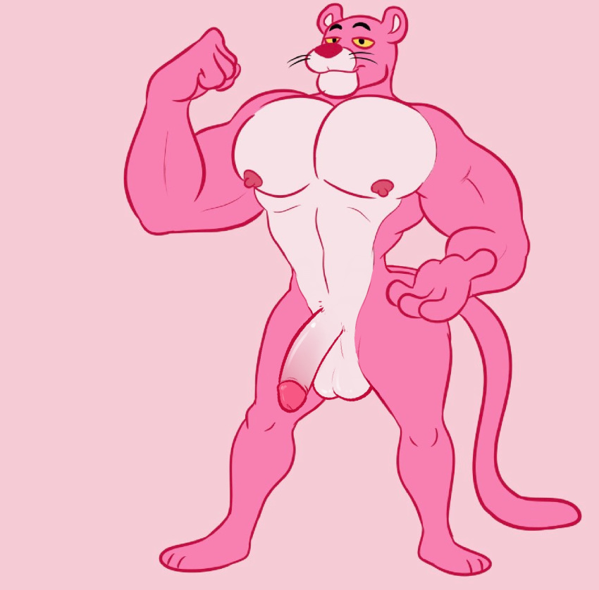 anthro balls edit felid flexing fur genitals hi_res humanoid_genitalia male male_only mammal muscular muscular_male nipples nude pantherine penis pink_body pink_fur pink_panther pink_panther_(series) smile solo zackdadawg