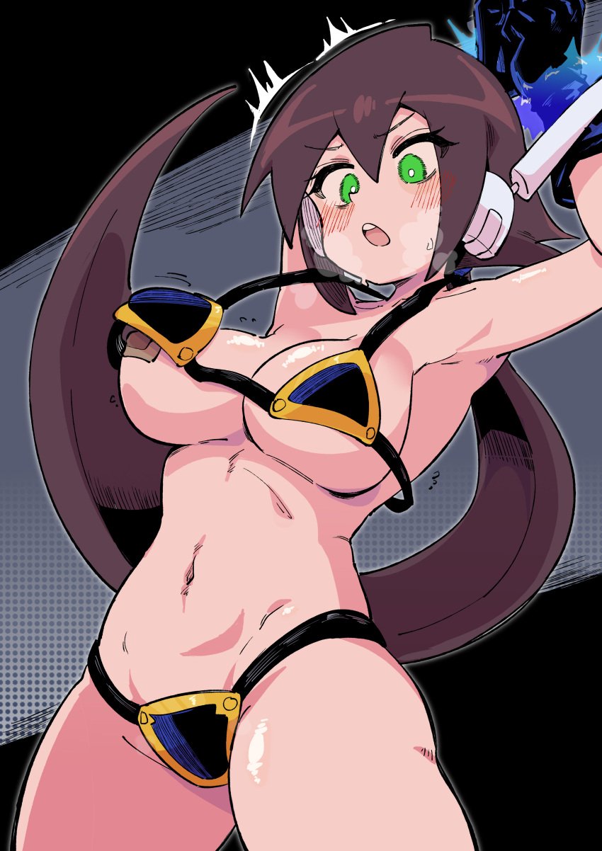 aile alternate_breast_size bikini_armor blush buzzlyears furrowed_brow large_breasts looking_down loose_clothes mega_man mega_man_zx tied_up v-shaped_eyebrows wardrobe_malfunction