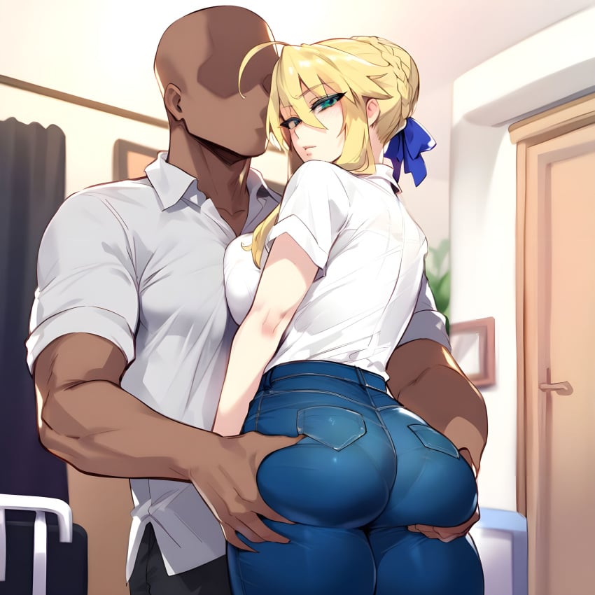 ai_generated artist_name artoria_pendragon artoria_pendragon_(lancer) blonde_hair dark-skinned_male dark_skin fate/grand_order fate_(series) groping_ass huge_breasts light-skinned_female light_skin milory