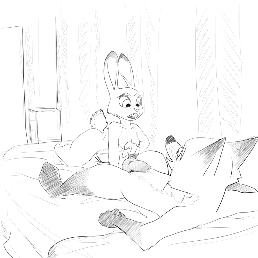 1:1 all_fours anthro anthro_on_anthro ass balls bed bedroom black_and_white breasts buckteeth canid canine cerebral_knievel dipstick_ears disney ears_up erection female fox furniture genitals gloves_(marking) hi_res imminent_sex inside judy_hopps knot lagomorph leg_markings leporid looking_at_another lying male mammal markings monochrome multicolored_ears nick_wilde nude on_back on_bed open_mouth penis rabbit scut_tail simple_background sketch small_breasts socks_(marking) straight teeth zootopia