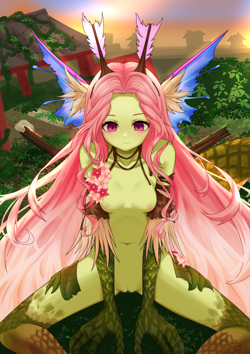 absurdres antennae blush breasts brown_sleeves censored commentary_request completely_nude detached_sleeves dungeon_and_fighter expressionless feet_out_of_frame female fins flower green_skirt head_fins highres jojyo long_hair looking_down medium_breasts monster_girl mosaic_censoring navel nipples nude outdoors parted_bangs pink_eyes pink_flower pink_hair pussy scales sitting skirt solo spread_legs textless_version tree variant_set very_long_hair white_flower wicked_dragon_nympha