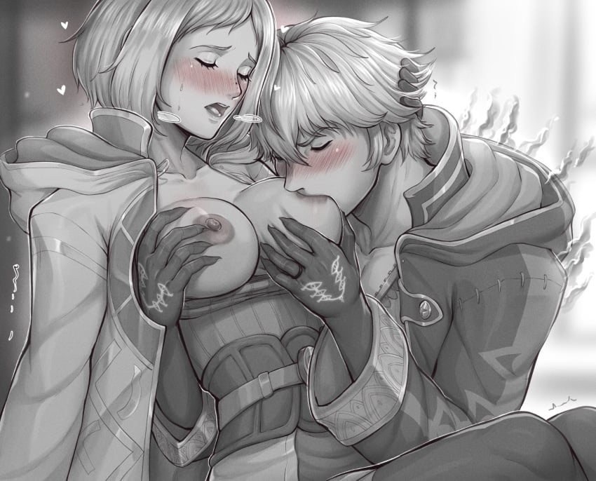 1boy 1girls blush breast_grab breasts closed_eyes evomanaphy female fire_emblem fire_emblem_awakening fire_emblem_heroes grima_(fire_emblem) kiran_(fire_emblem) kiran_(fire_emblem)_(female) large_breasts male moaning monochrome nintendo nipples open_mouth robin_(fire_emblem) robin_(fire_emblem)_(male) sucking_nipples