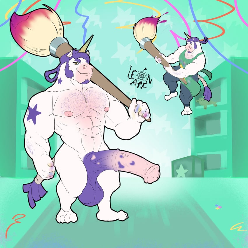 1boy anthro anthro_only anthrofied apron balls bara beard big_penis brawl_stars brawler bruno_(brawl_stars) brush equine equine_penis facial_hair fan_character feet full_body gay horse horsecock huge_cock lionhearf03 looking_at_viewer male male_only muscular nipples nude nude_male purple_hair solo standing star star_(symbol) tail unicorn white_body yellow_eyes