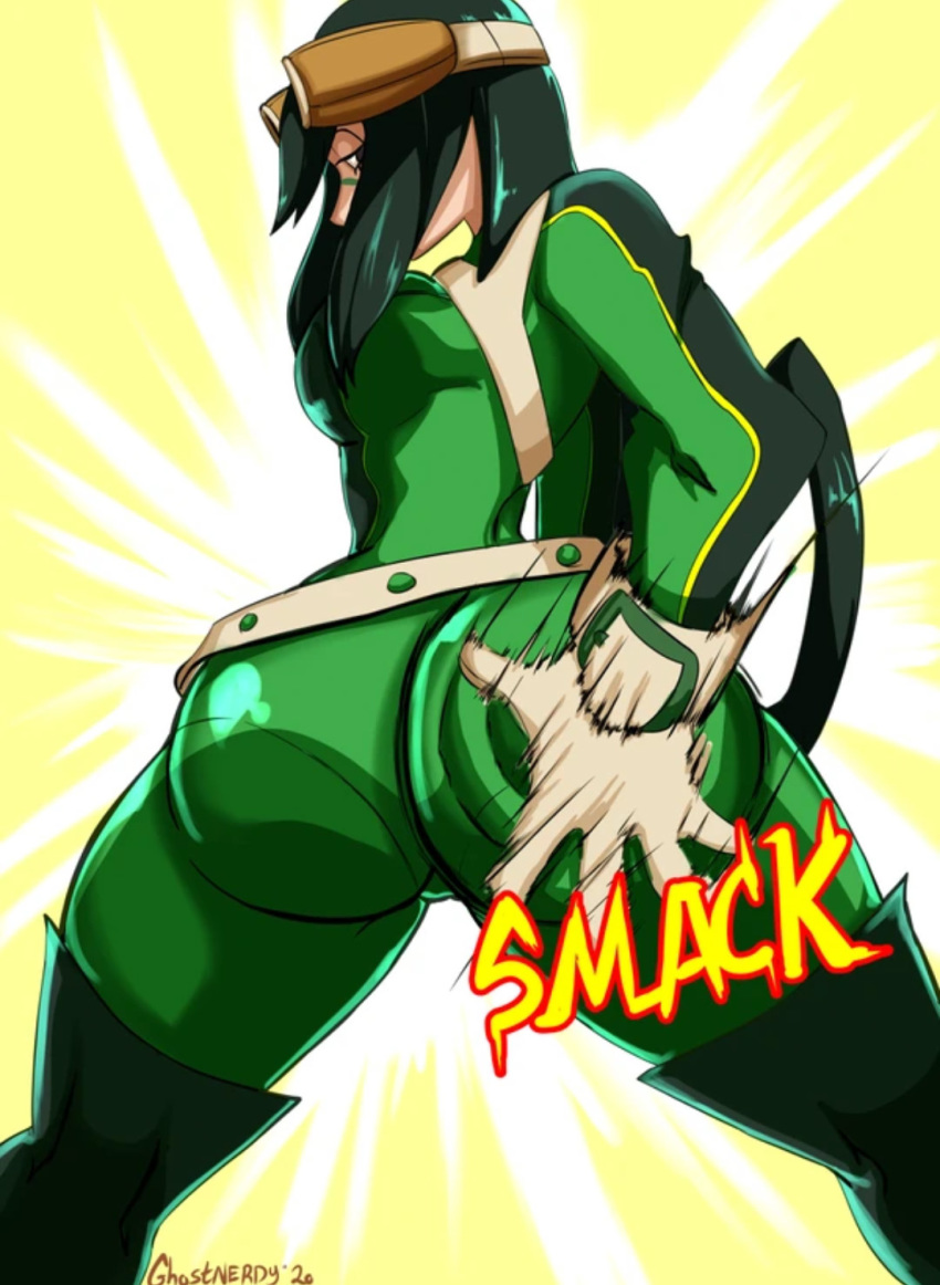 1girls 2020 2d ass ass_slap ass_smack big_ass big_breasts bodysuit dated eye_contact female female_only frog_girl frog_humanoid ghostnerdy green_hair half-closed_eyes hero_outfit_(mha) huge_ass light-skinned_female light_skin long_hair looking_at_viewer my_hero_academia smack smacking_own_ass solo source_request spanking text thick_thighs thigh_gap tsuyu_asui watermark