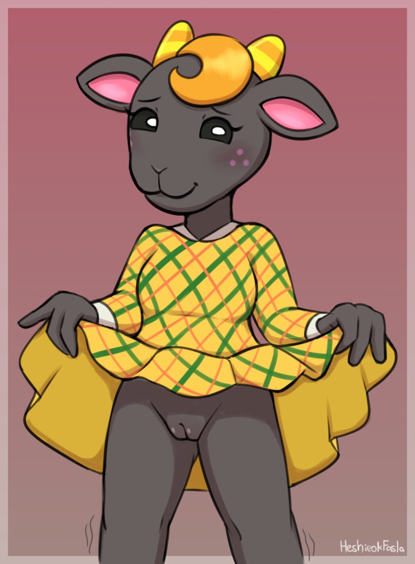 2023 animal_crossing anthro black_body black_sclera blush bottomless bottomless_anthro bottomless_female bovid breasts caprine clothed clothing clothing_lift countershade_legs countershade_neck countershading criss-cross_clothing dress dress_lift eyebrows eyelashes female flashing flashing_pussy freckles genitals goat gradient_background hair heshieokf hi_res horn looking_at_viewer mammal motion_lines nan_(animal_crossing) nintendo orange_hair pink_inner_ear presenting presenting_pussy pussy signature simple_background smile smiling_at_viewer solo white_eyes yellow_clothing yellow_dress yellow_horn