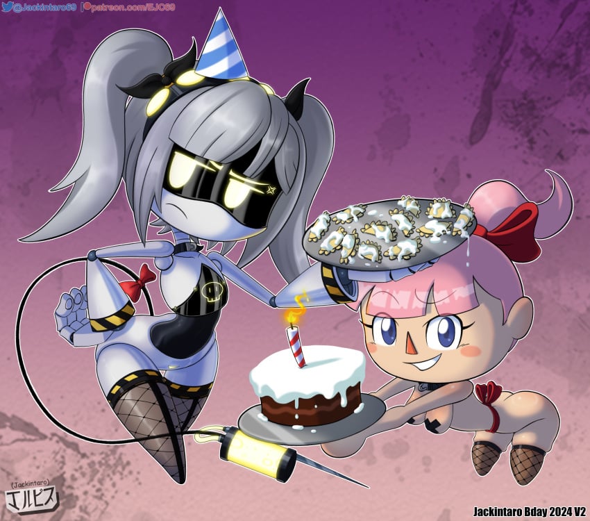 animal_crossing animal_crossing_girl birthday blue_eyes bow breasts cake crossover digital_media_(artwork) emma_(animal_crossing) empanadas fanart glitch_productions grey_hair human j_(murder_drones) jackintaro looking_at_viewer murder_drones nintendo nude only_player pink_hair ponytail ribbon robot robot_girl simple_background stockings twintails villager_(animal_crossing) yellow_eyes