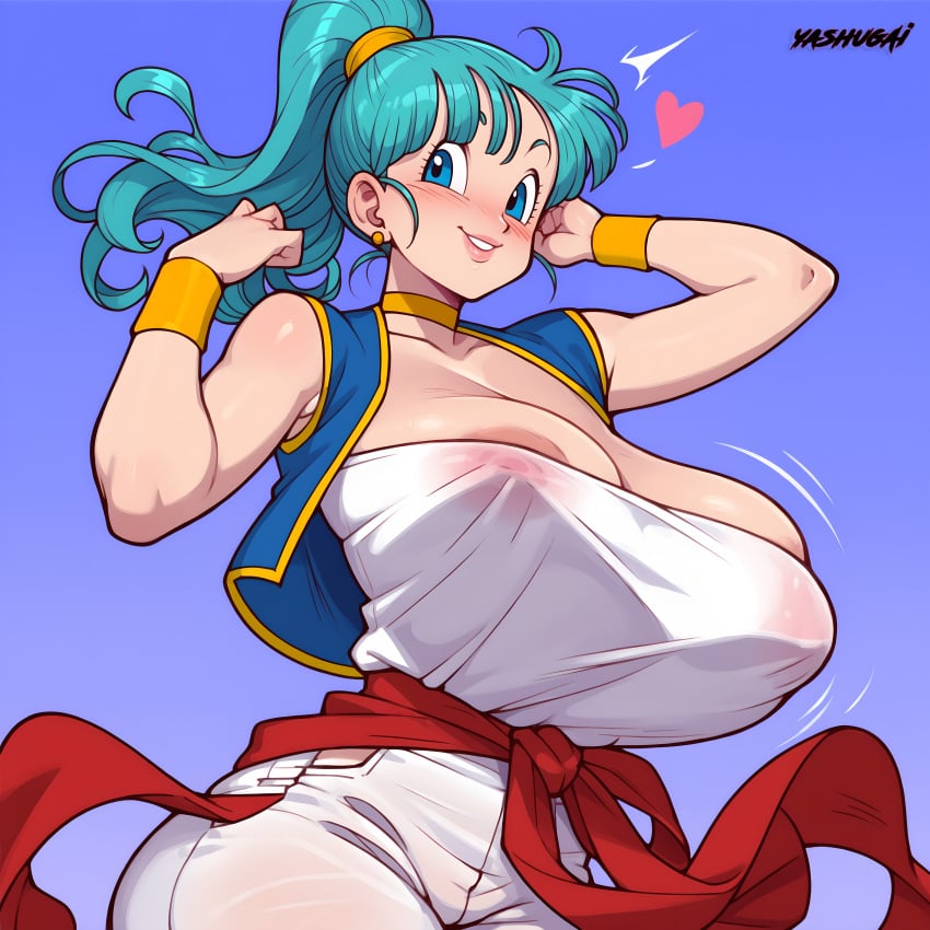 1girls ai_generated aqua_hair arabian_clothes areola_slip arms_up baggy_pants big_breasts blue_background blue_eyes blush bouncing_breasts bulma_briefs choker collarbone curvy dragon_ball dragon_ball_z floating_heart fringe_trim from_below large_areolae looking_at_viewer parted_lips red_belt scrunchie seductive_look smile smiling_at_viewer solo solo_female thighs tubetop vest white_pants white_topwear wide_hips wristband yashugai yellow_wristband