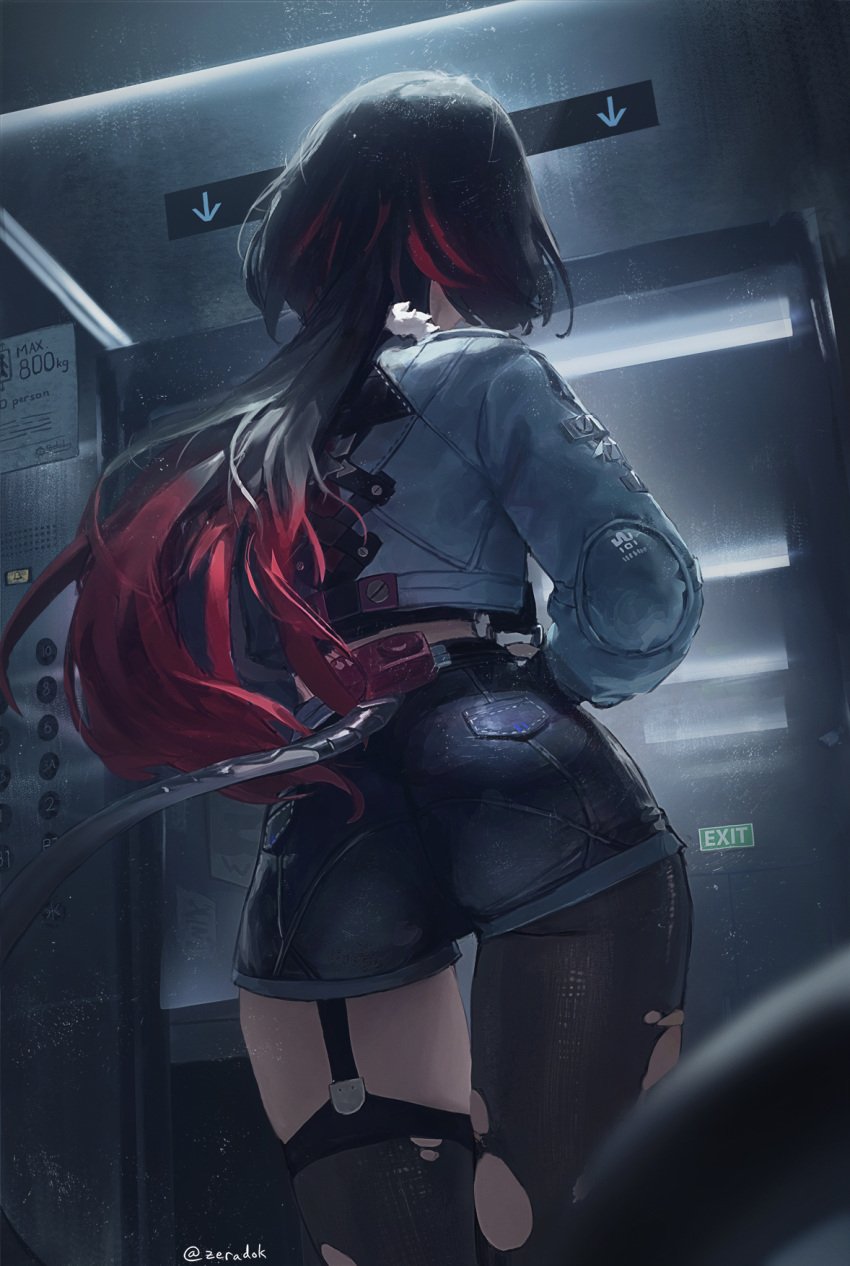 ass ass_focus big_ass big_butt black booty_shorts detailed_background elevator hair hands_on_hips jane_doe_(zenless_zone_zero) kemonomimi pantyhose rat rat_girl red_hair red_highlights ripped_pantyhose shorts tail thick_thighs thighs zenless_zone_zero