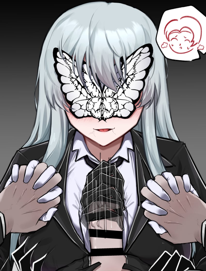 1boy 1girls absurdres angelica_(library_of_ruina) bar_censor black_coat black_gloves black_necktie blush bug butterfly butterfly_over_eye censored coat collared_shirt e.g.o_(project_moon) female gloves handjob hands_up highres holding_hands jjong_(7_jjong_9) lapels library_of_ruina long_hair multi_arm multi_limb necktie notched_lapels parted_lips penis pov pov_hands project_moon roland_(library_of_ruina) shirt sidelocks smile solemn_lament_(e.g.o) stray_pubic_hair very_long_hair white_gloves white_hair white_shirt