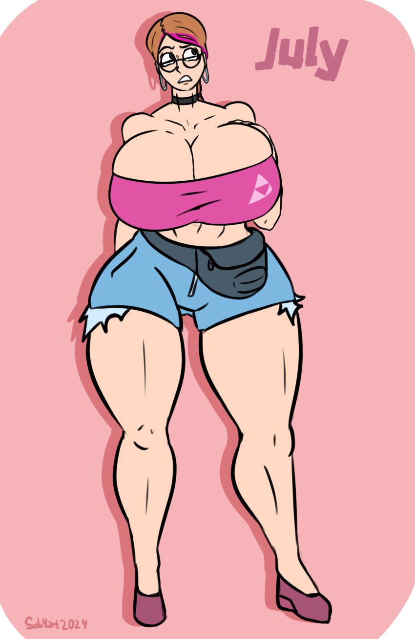 choker dyed_hair female female_only glasses huge_breasts july_(sob4art) ponytail shorts sob4art solo_female thick_thighs