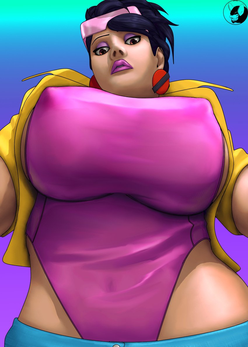 2d asian asian_female big_breasts black_hair blindanubis breasts brown_eyes busty earrings erect_nipples eyeshadow female female_focus female_only hourglass_figure jacket jubilation_lee jubilee large_breasts leotard lipstick looking_at_viewer low-angle_view makeup marvel marvel_comics mascara navel nipple_bulge pants short_hair sleeves_rolled_up tagme tomboy wide_hips x-men