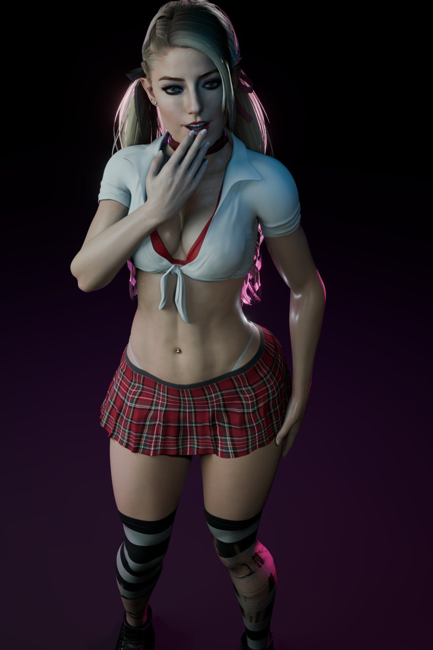 1girls 3d alexa_bliss belly_piercing blender blender_(software) blonde_hair choker enigmaj female female_focus female_only hand_on_thigh looking_at_viewer plaid_skirt red_bra red_lipstick thighhighs twintails whale_tail_(clothing) white_topwear wwe wwe_diva