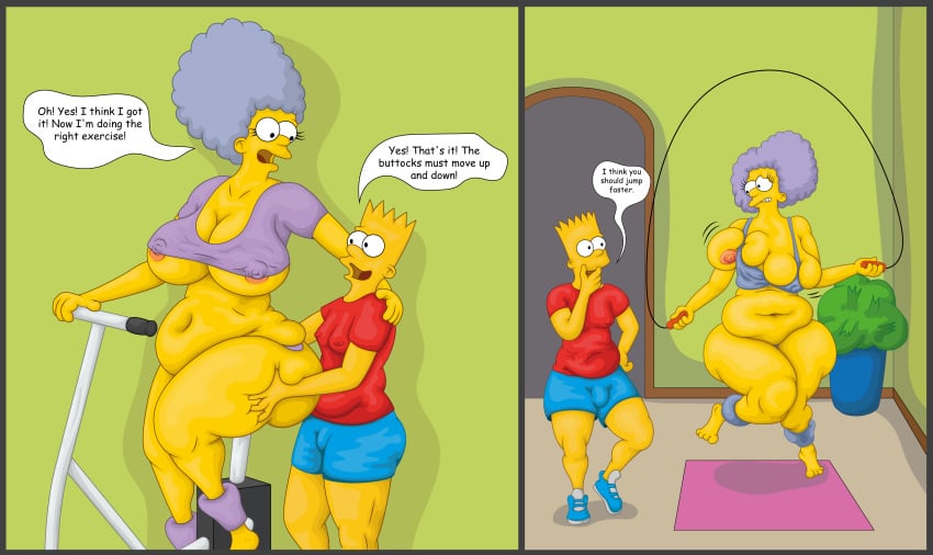 bart_simpson belly big_breasts bynshy chubby clothing jump_rope patty_bouvier selma_bouvier the_simpsons