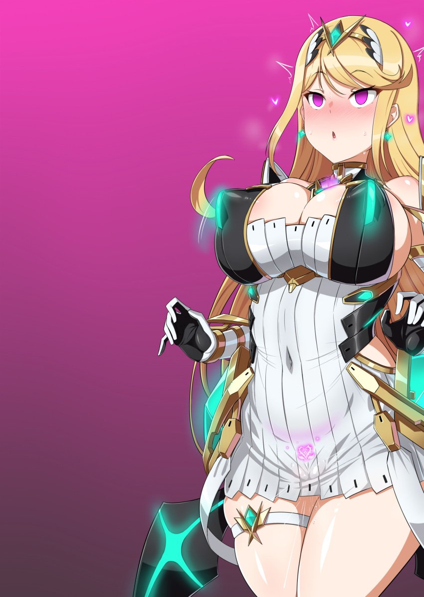 absurdres blonde_hair blush breasts cameltoe cleavage commentary_request core_crystal corruption covered_nipples dress earrings empty_eyes female glowing_tattoo gozaru heart highres huge_breasts jewelry long_hair mythra panties pink_background pubic_tattoo pubic_tattoo_through_clothing purple_eyes pussy pussy_juice simple_background solo symbol-shaped_pupils tattoo tiara translation_request underwear white_dress white_panties xenoblade_(series) xenoblade_chronicles_2