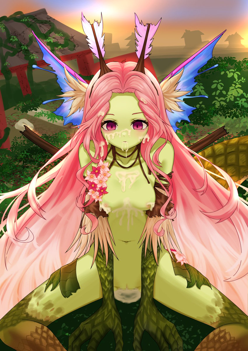 absurdres antennae blush breasts brown_sleeves censored commentary_request completely_nude cum cum_in_mouth cum_in_pussy cum_on_body cum_on_breasts cum_on_hair detached_sleeves dungeon_and_fighter expressionless facial feet_out_of_frame female fins flower green_skirt head_fins highres jojyo long_hair looking_down medium_breasts monster_girl mosaic_censoring navel nipples nude open_mouth outdoors parted_bangs pink_eyes pink_flower pink_hair pussy scales sitting skirt solo spread_legs textless_version tree variant_set very_long_hair white_flower wicked_dragon_nympha