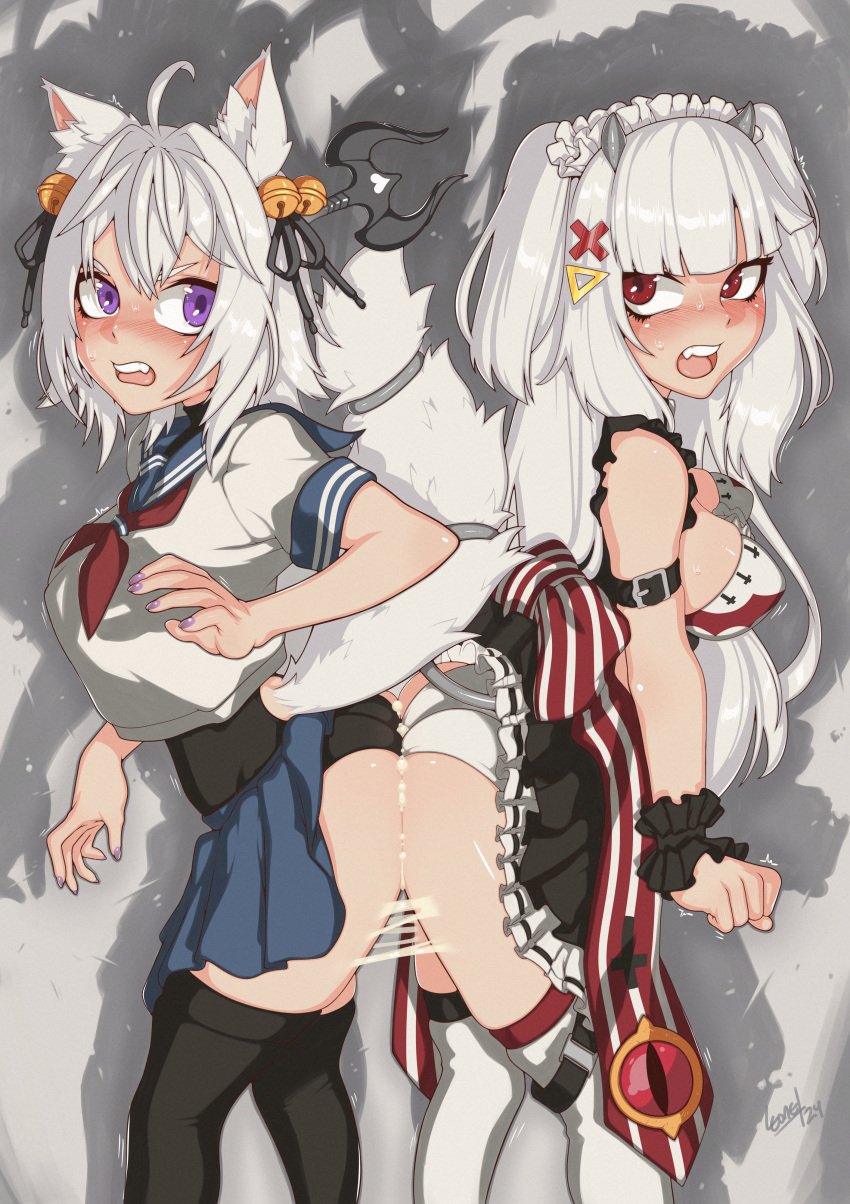 2girls angry ass ass_focus ass_to_ass blush breasts demon demon_girl demon_tail female female_focus female_only filian filian_(vtuber) fox fox_ears fox_girl fox_tail fully_clothed fully_clothed_female glue hair hair_ornament hi_res horns indie_virtual_youtuber intertwined_tails leone145d86 light-skinned_female light_skin looking_at_partner lucy_pyre purple_eyes purple_nails red_eyes simple_background small_horns tagme tail virtual_youtuber vrchat vtuber white_hair