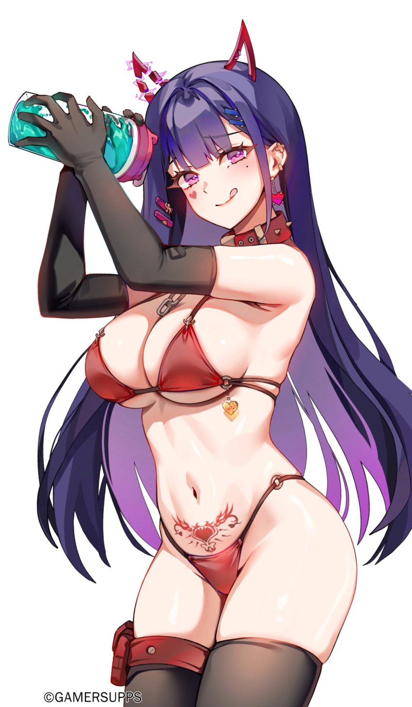 1girls akuma_nihmune bikini blush breasts cleavage cup demon_horns female female_only foxyreine highres horns indie_virtual_youtuber large_breasts long_hair looking_at_viewer mole navel o-ring o-ring_bikini o-ring_bottom o-ring_top pubic_tattoo purple_hair simple_background succubus succubus_tattoo swimsuit tattoo thighhighs virtual_youtuber white_background