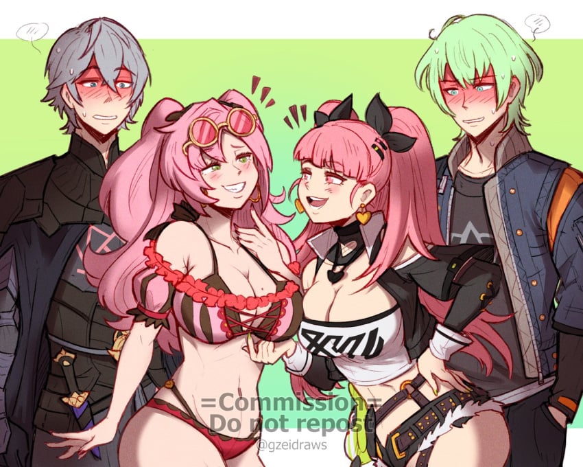 2boys 2girls :d asymmetrical_docking black_ribbon black_shirt black_shorts blue_eyes blue_jacket blush breast_press breasts byleth_(fire_emblem) byleth_(fire_emblem)_(male) byleth_(male)_(fire_emblem)_(cosplay) cleavage commission cosplay costume_switch cutoffs fire_emblem fire_emblem:_three_houses fire_emblem_heroes green_eyes green_hair grey_hair grin gzei hair_ribbon hand_up highres hilda_valentine_goneril hilda_valentine_goneril_(cosplay) jacket large_breasts long_hair long_sleeves looking_at_another midriff multiple_boys multiple_girls navel nicole_demara nicole_demara_(cosplay) nintendo open_mouth pink_hair ribbon shirt short_hair short_shorts shorts smile stomach strapless tube_top two_side_up very_long_hair vgen_commission wise_(zenless_zone_zero) wise_(zenless_zone_zero)_(cosplay) zenless_zone_zero