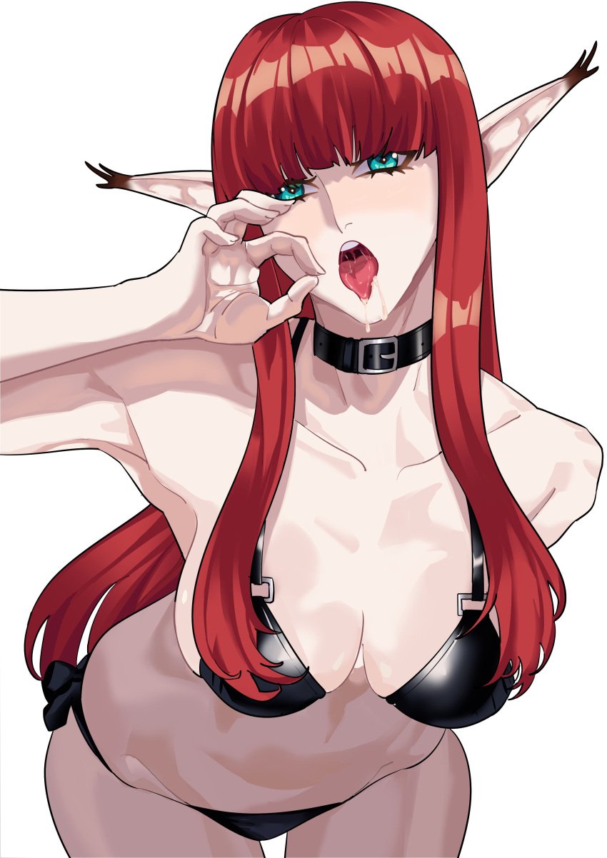 alula456 armpits artist_request atlus bangs bikini black_bikini blowjob_face blowjob_gesture blue_eyes choker cum_in_mouth drooling elf elf_ears elf_female hulkenburg_(metaphor_refantazio) inviting looking_at_viewer metaphor:_refantazio red_hair thick_thighs tongue tongue_out