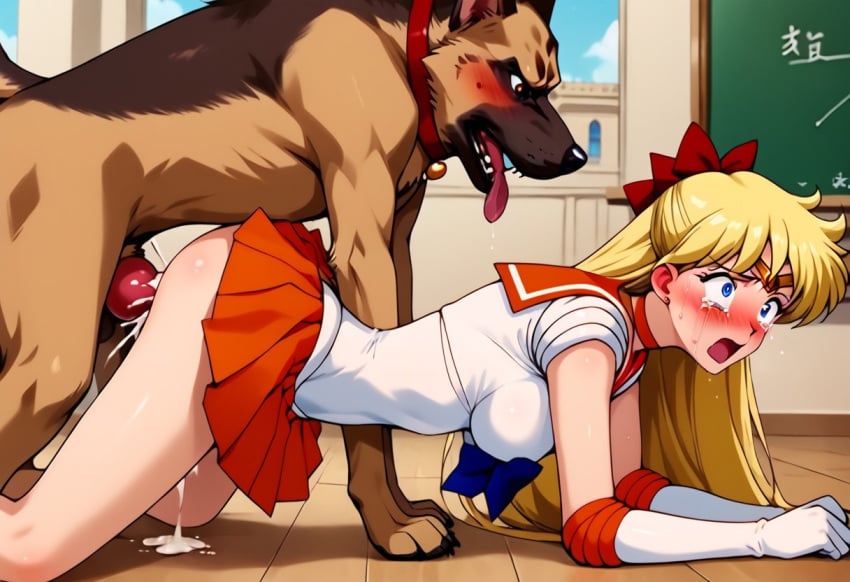 1female 1girls 1male ai_generated animal_genitalia bishoujo_senshi_sailor_moon blackmail blush bow canine canine_penis clothed_sex clothing cum dog_penis doggy_style dripping_pussy excited female forced forced_exposure fucked_by_dog girl gloves hairy_pussy knot long_hair magical_girl male minako_aino on_camera open_vagina painful sailor_collar sailor_moon sailor_venus school_uniform schoolgirl schoolgirl_uniform skirt skirt_lift small_breasts surprise surprised_expression zoophilia