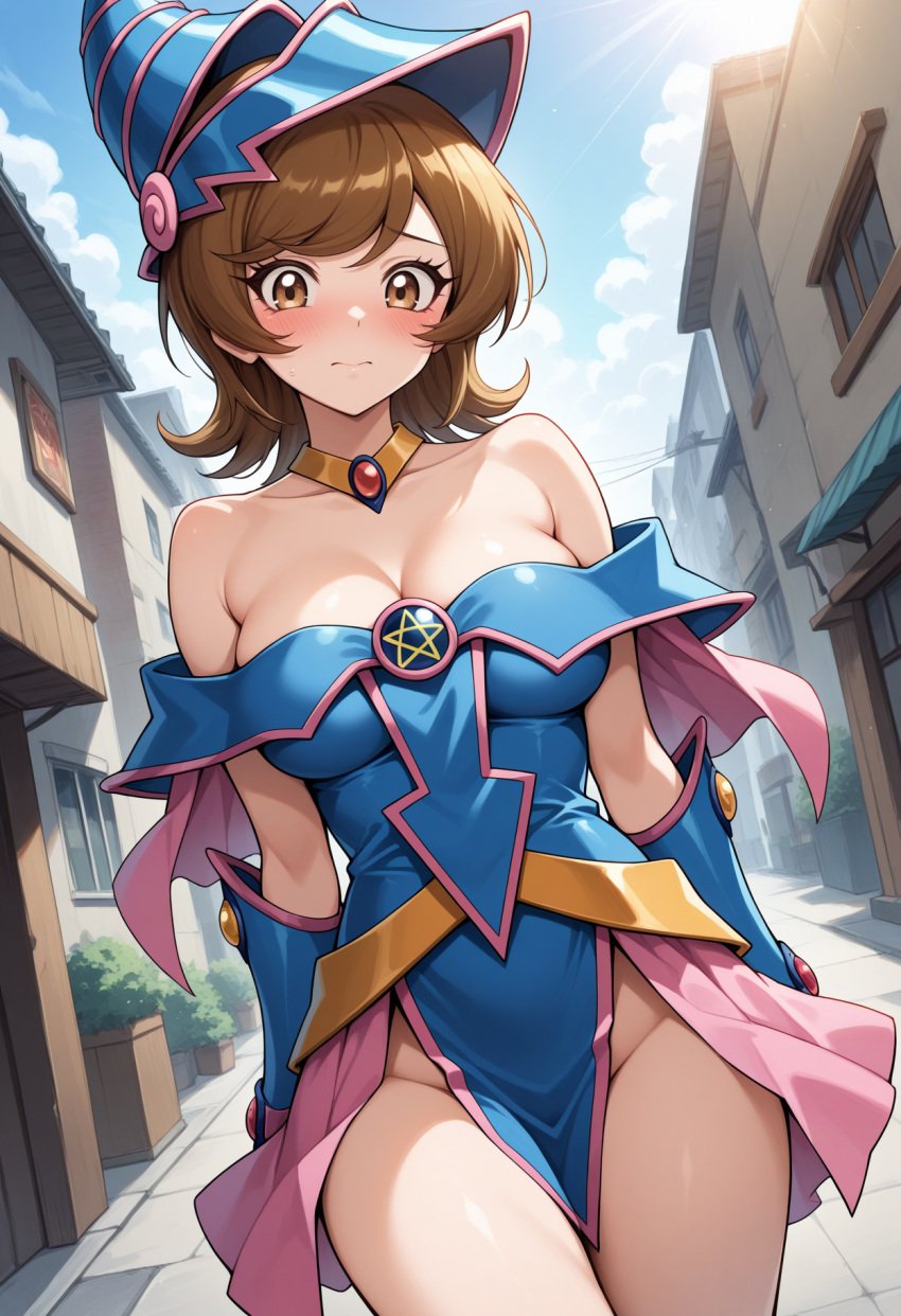 1girls ai_generated alternate_version_available blue_angel blush breasts brown_eyes brown_hair closed_mouth collar cosplay dark_magician_girl_(cosplay) female looking_at_viewer low-angle_view nervous no_bra pose sephiaton955 short_hair solo teeth yu-gi-oh! yu-gi-oh!_vrains zaizen_aoi