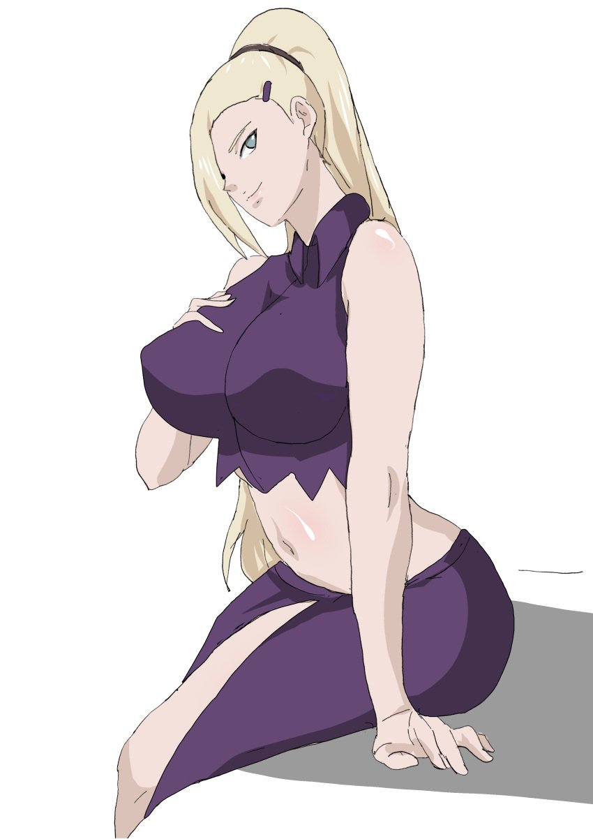 1girls big_ass blonde_hair blue_eyes boruto:_naruto_next_generations breasts butt_crack cleavage clothes crop_top curvy dress female gluteal_fold hair_over_one_eye highres huge_ass huge_breasts ino_yamanaka large_breasts lickliking looking_at_viewer mature_female milf naruto naruto_(series) navel ponytail simple_background sitting thighs tight tight_dress tight_skirt wide_hips