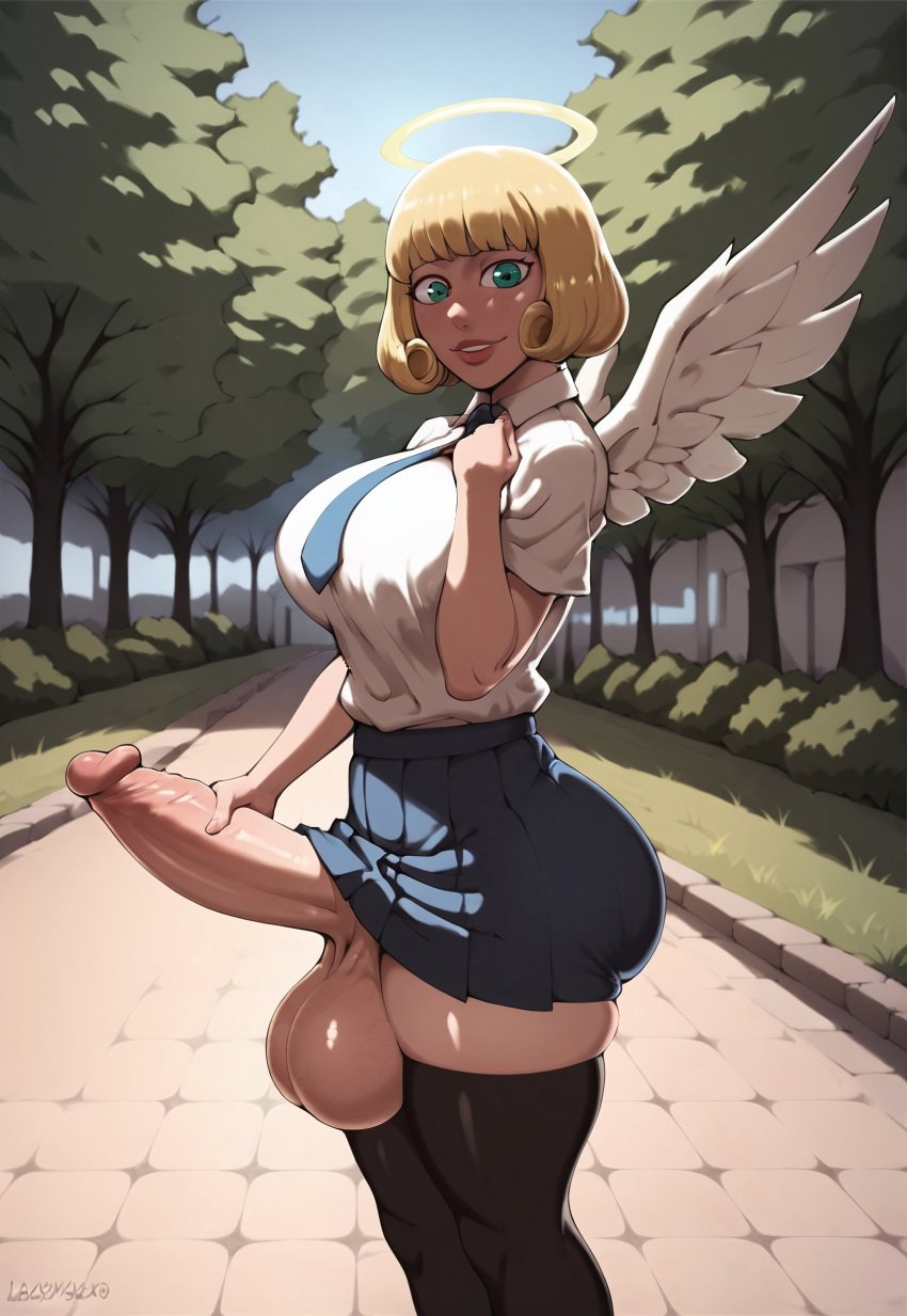 1futa ai_generated angel angel_wings ass balls ballsack bangs big_ass big_balls big_breasts big_penis blonde_hair blonde_hair breasts bubble_ass bubble_butt cute erect_penis erection feathered_wings futa_only futanari green_hair halo hana_kurusu hand_on_breast hand_on_penis hi_res high_resolution highres holding_penis huge_cock huge_cock jujutsu_kaisen large_ass large_penis light-skinned_futanari light_skin looking_at_viewer park penis pleated_skirt pose posing shiny_skin side_view skindentation skirt smile smiling smiling_at_viewer thick_thighs thighhighs tie white_shirt wings