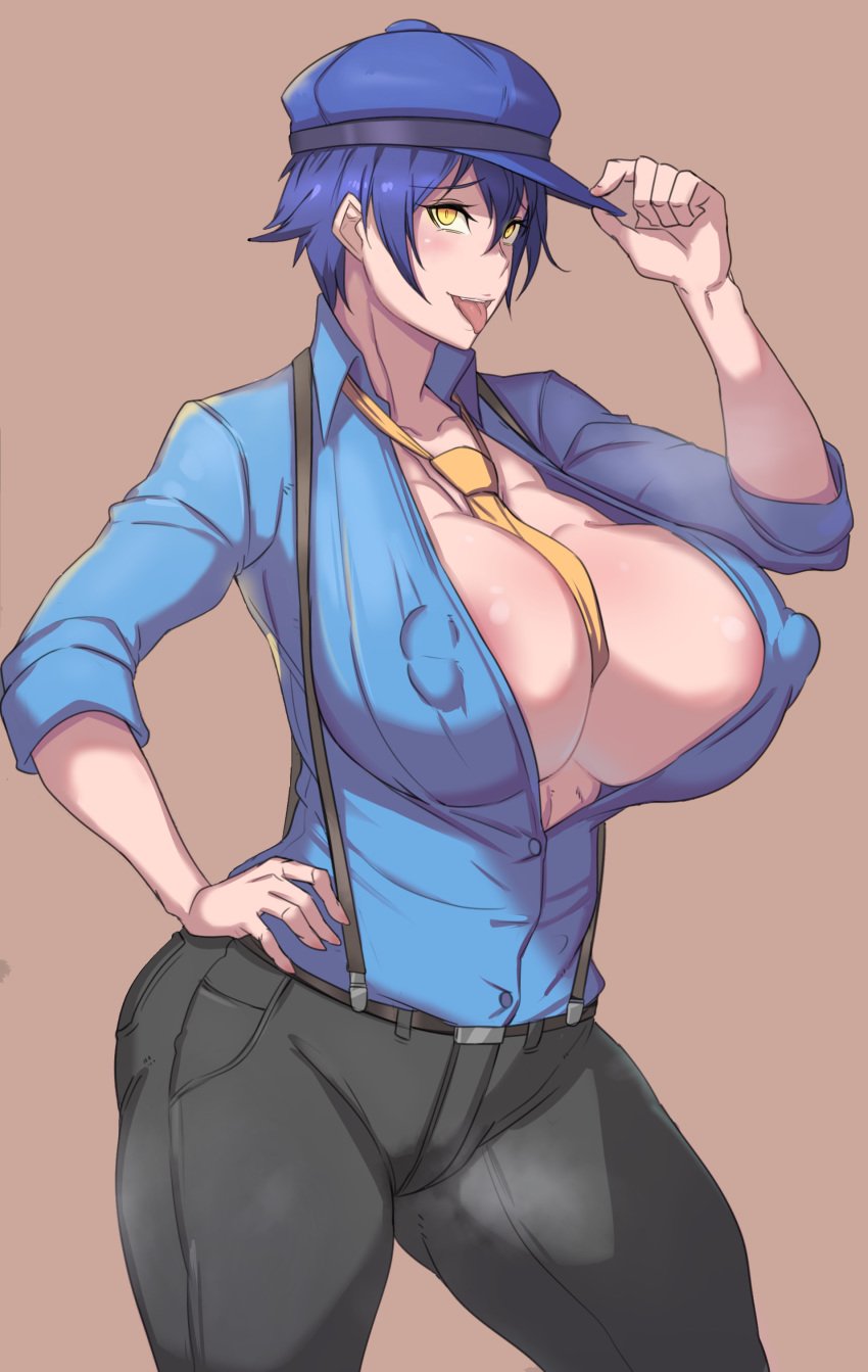 1girls abs alternate_breast_size areola_slip areolae collared_shirt curvaceous curvy erect_nipples hand_on_hip hat huge_breasts jeans large_breasts metal_owl nipple_bulge persona persona_4 plain_background plump shadow_naoto shirogane_naoto simple_background solo source_request standing thick_thighs thigh_gap tomboy very_short_hair voluptuous