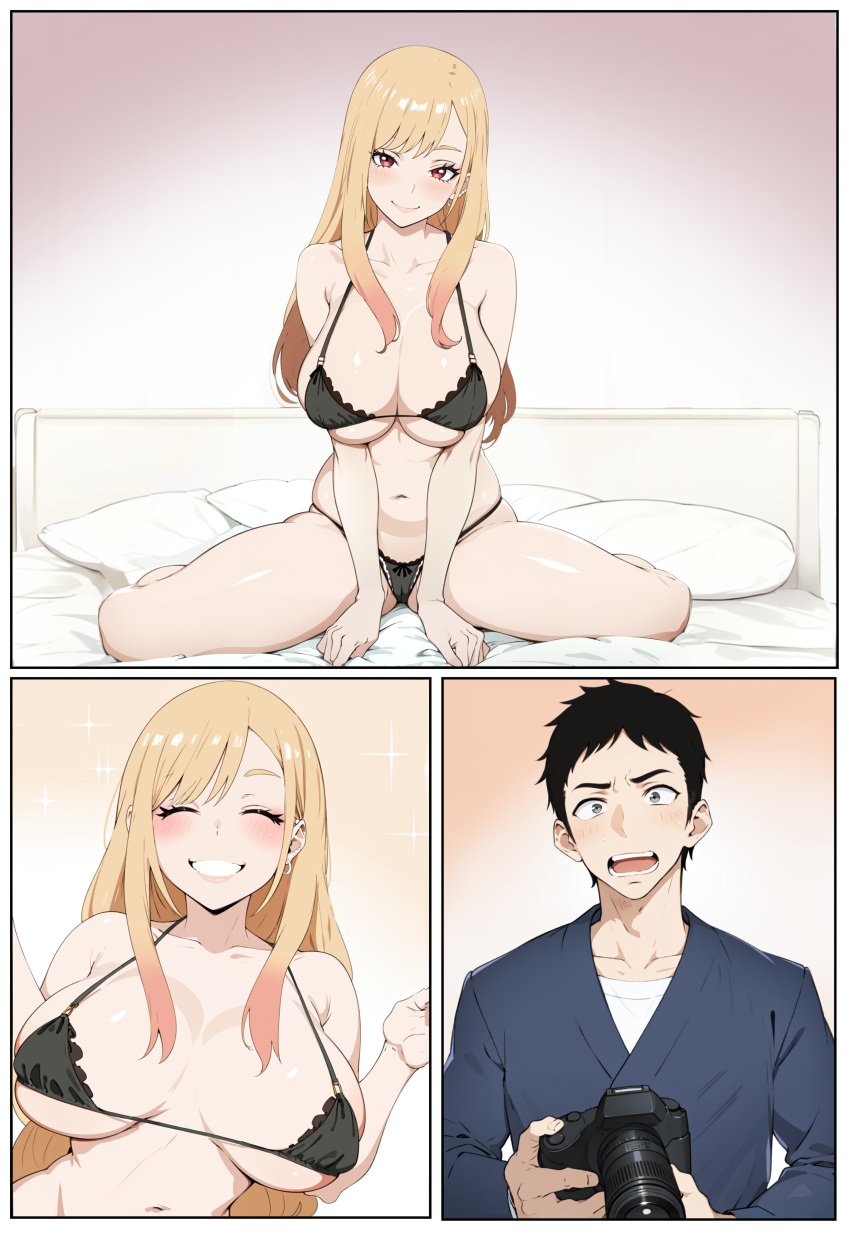 1boy 1girls absurd_res absurdres ai_generated black_bikini blonde_hair camera comic_page female gojou_wakana human kisou kitagawa_marin male photoshoot red_eyes sono_bisque_doll_wa_koi_wo_suru