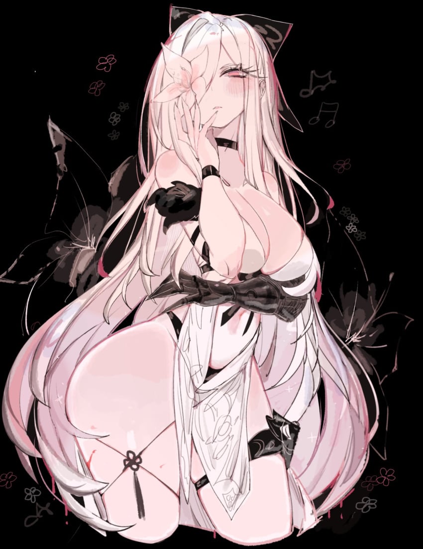 1girl blush blushing drag-on_dragoon_3 drakengard_3 flower_on_eye holding_breast one_eye_covered prostethic_arm revealing_clothes slim_waist thick_thighs usa37107692 white_hair zero_(drag-on_dragoon) zero_(drakengard)