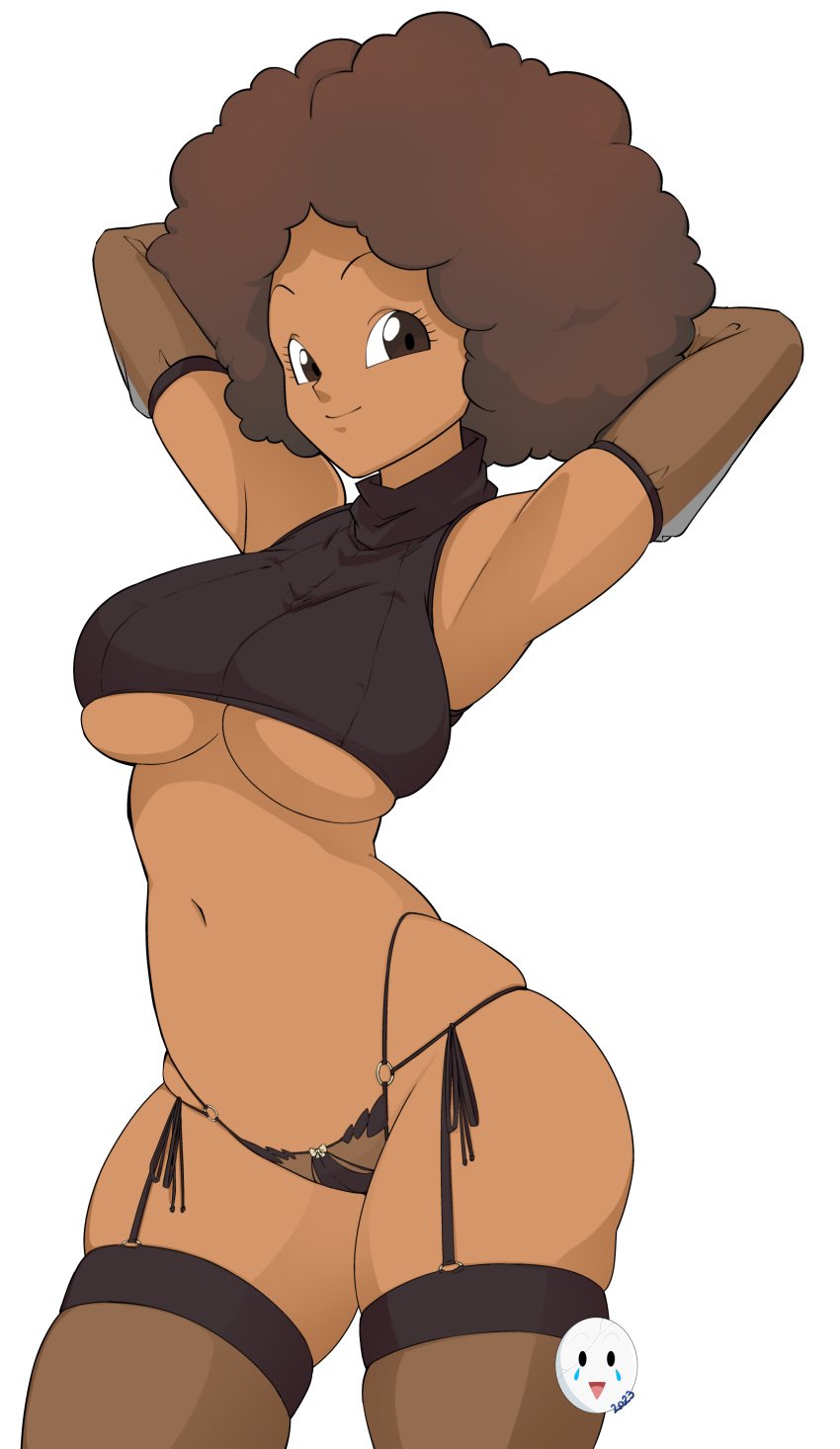 1girls :) afro armpits arms_up ass big_ass big_breasts breasts brown_eyes caisama cleavage curvy dark-skinned_female dark_skin dragon_ball dragon_ball_super dragon_ball_super_super_hero dragon_ball_z fluffy_hair hourglass_figure janet_(dragon_ball) lingerie looking_at_viewer navel pinup png presenting see-through see-through_clothing see-through_sleeves see-through_stockings skindentation sleeves smile solo stockings straps sweater teacher thick_thighs thong transparent_background underboob watermark