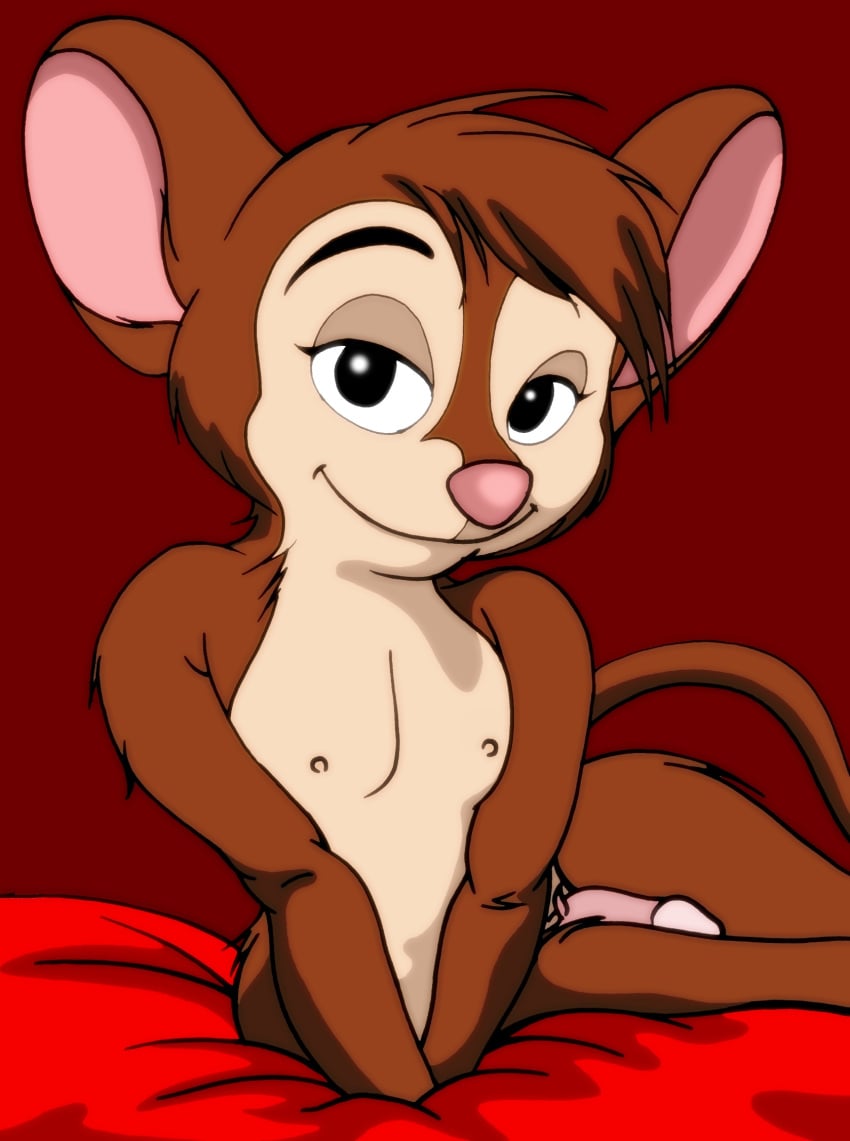 an_american_tail anthro black_eyes brown_body brown_fur brown_hair don_bluth fievel_mousekewitz fur genitals grummancat hair hi_res looking_at_viewer male male_only mammal misleading_thumbnail mouse murid murine nipples nude penis pink_nose red_background rodent simple_background sitting smile solo