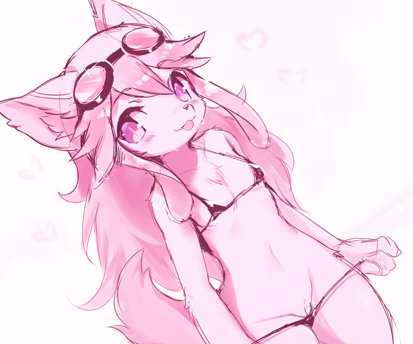 absurd_res anthro bikini bikini_down bikini_pull blush canid canine caninu chocolat_gelato clothed clothing conditional_dnp crunchobar female fur genitals hair heart hi_res kemono mammal micro_bikini partially_clothed pink_body pink_fur pink_hair pussy simple_background smile solatorobo solo swimwear tongue tongue_out video_games white_background