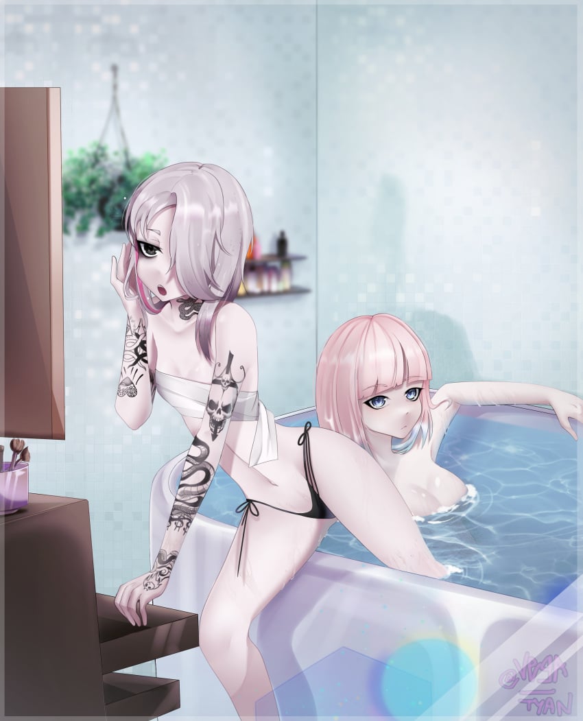 2girls bath bathroom big_breasts big_breasts big_chest black_eyes blue_eyes breasts breasts female female/female girls_only nude nude_female original_character original_characters panties pink_hair small_ass small_tits tattoo tattooed_arm tattoos thigh thong_panties tiny_breasts vega_tyan white_hair yuri