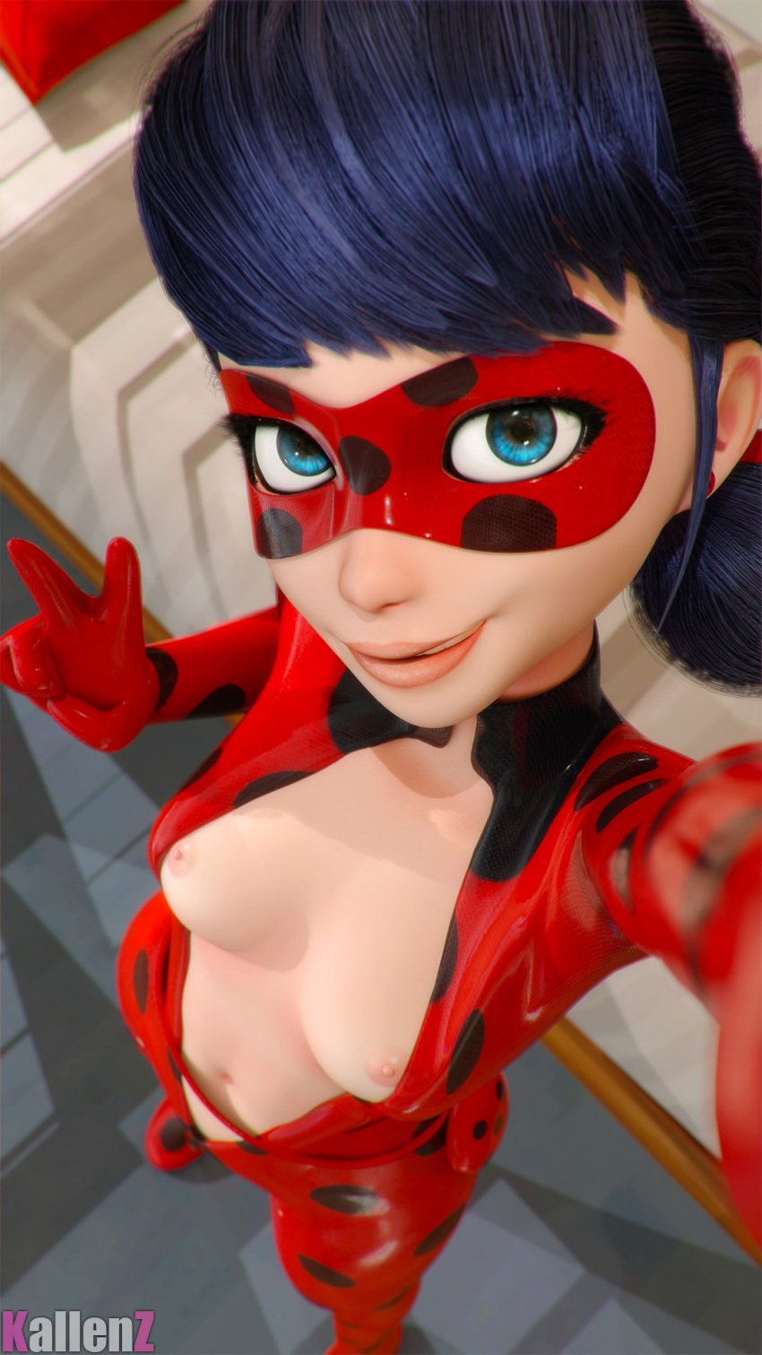 1girls 3d above_view bedroom blender blue_eyes blue_hair bodysuit breasts clothing cute dark_blue_hair exposed_breasts eye_contact female female_only fringe kallenz ladybug_(character) latex light_skin looking_at_viewer marinette_cheng marinette_dupain-cheng mask miraculous_ladybug naughty_face nipples pigtails seductive_eyes seductive_look selfie skinny slim solo teenager