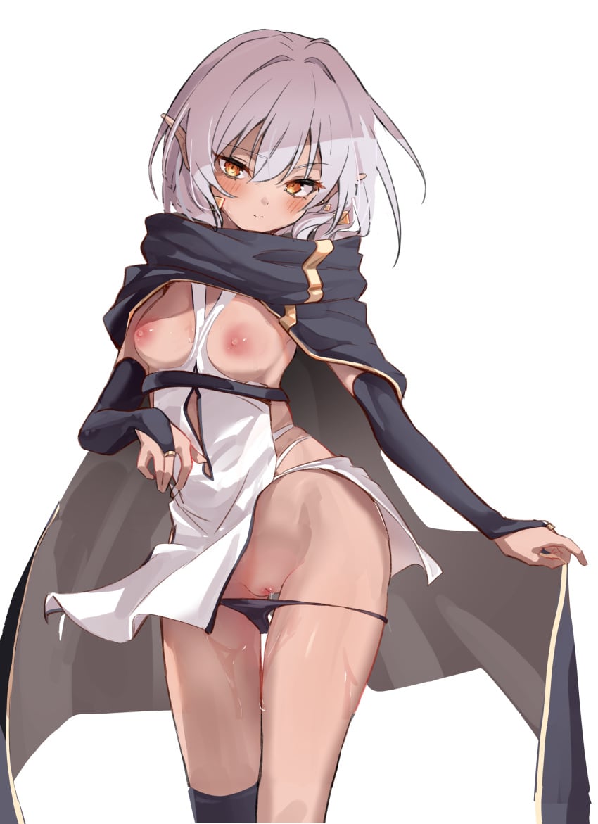 absurdres black_bridal_gauntlets black_cape black_panties black_socks blush breasts bridal_gauntlets cape clothing_aside dark-skinned_female dark_elf dark_skin elf feet_out_of_frame female grey_hair hair_between_eyes highres kneehighs looking_at_viewer medium_hair nipples orange_eyes original panties panty_pull pointy_ears pussy pussy_juice simple_background single_kneehigh single_sock small_breasts socks solo sweat toshizou_(0714) underwear white_background