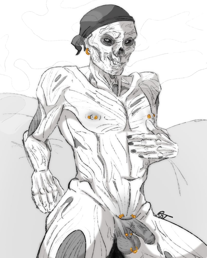 fallout ghoul ghoul_(fallout) john_hancock male male_only pierced_genitals pierced_nipples pierced_penis piercing post-human saberhorn sketch zombie