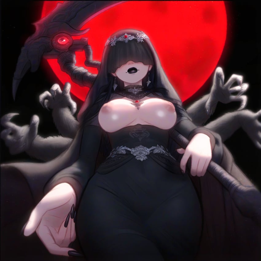 6_arms ai_generated black_background black_dress black_lipstick black_nails black_veil breasts breasts_out earrings evernight_goddess fingernails fluffylewdsai from_below fur goddess goth_girl holding_object holding_weapon long_fingernails lord_of_the_mysteries night nipples pale_skin pale_skinned_female pov red_moon scythe veil weapon weapon_on_back