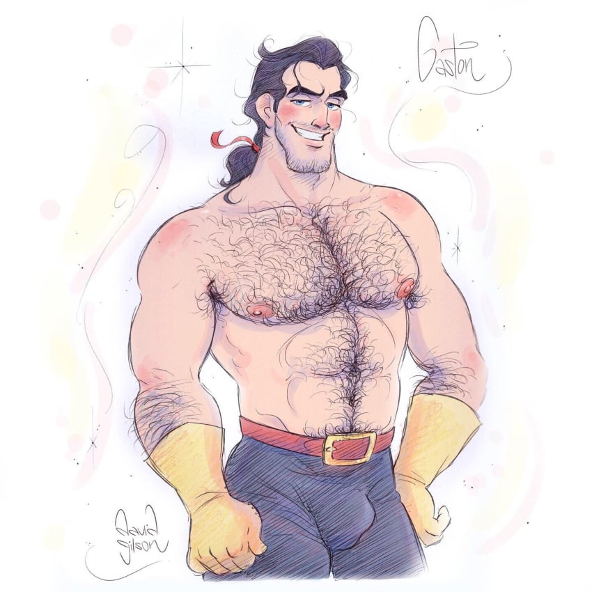 * 1boy abs aqua_eyes areolae arm_hair armpit_hair artist_name artist_signature ball_bulge bara beard_stubble beauty_and_the_beast beefy belt black_hair blush body_hair bulge chest_hair clothing color dark_hair david_gilson digital_media_(artwork) disney disney_villains erect_nipples facial_hair front_view gaston gloves grin hair_tie hairy half-closed_eyes half-dressed hand_on_hip happy_trail human light_skin long_hair_male looking_at_viewer male male_nipples male_only manly masculine mature_male muscles muscular_male pants partially_clothed pecs penis_bulge princekido ribbon seductive seductive_look seductive_smile shirtless smile smug solo standing stubble thick_eyebrows tied_hair tight_pants topless white_background