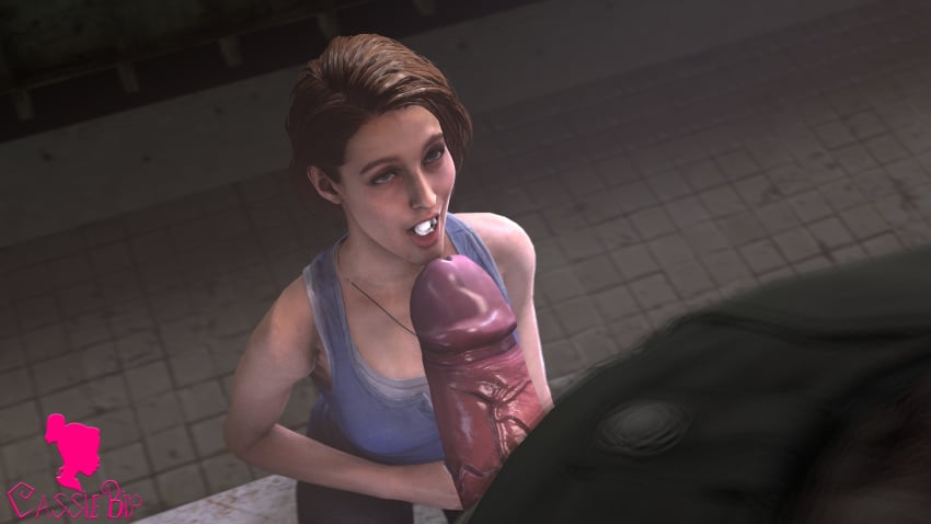 1boy 1girls 3d brown_hair cassiebip clothed_female_nude_male cum_in_mouth holding_penis huge_cock impossible_fit interspecies jill_valentine jill_valentine_(sasha_zotova) larger_male looking_at_partner necklace nemesis_(resident_evil) open_mouth resident_evil resident_evil_3 resident_evil_3_remake size_difference small_breasts smaller_female smile source_filmmaker source_request straight text tyrant watermark