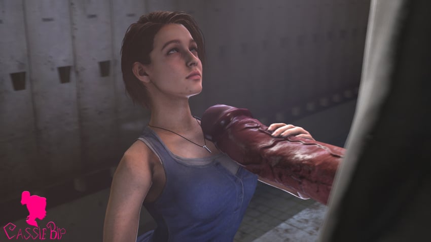 1boy 1girls 3d brown_hair cassiebip clothed_female_nude_male holding_penis huge_cock interspecies jill_valentine jill_valentine_(sasha_zotova) larger_male looking_at_partner necklace nemesis_(resident_evil) resident_evil resident_evil_3 resident_evil_3_remake side_view size_difference smaller_female source_filmmaker source_request straight text tyrant watermark