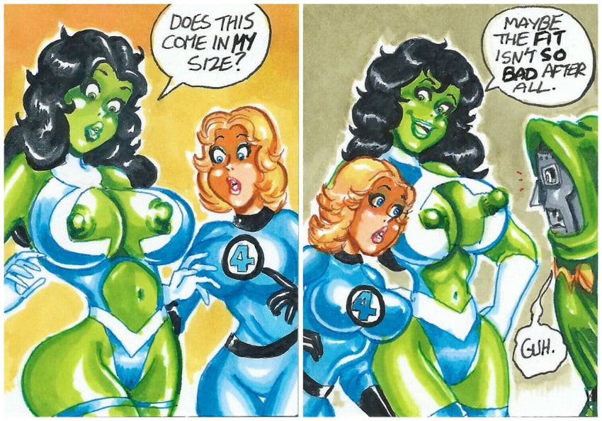 1boy 2girls areolae big_breasts black_hair blonde_hair boob_window breast_cutout breasts color comic cosplay curvy dialogue doctor_doom drawn erect_nipples exposed exposed_nipples fantastic_four female female_with_female gloves green-skinned_female green_skin hips huge_breasts huge_nipples hulk_(series) ineffective_clothing invisible_woman invisible_woman_(cosplay) joe_gravel large_areolae leotard male marvel mask midriff nipples revealing_clothes she-hulk sketch_card speech_bubble straight sue_storm sue_storm_90s_costume superheroine supervillain text victor_von_doom wardrobe_malfunction wide_hips