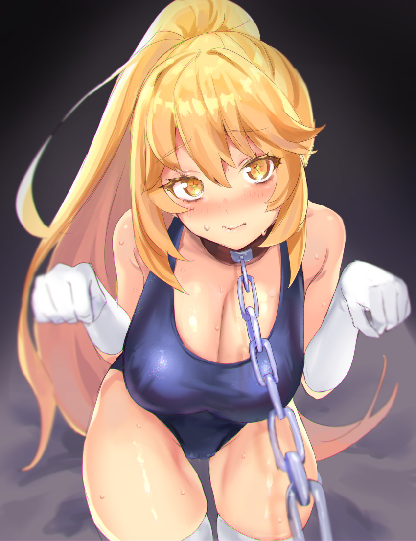 1girls blonde_hair blush breasts cleavage collar competition_swimsuit elbow_gloves large_breasts legs long_hair looking_at_viewer mizugi one-piece_swimsuit oppai saise_chisa shokuhou_misaki star_eyes sweat swimsuit thick_thighs thighhighs thighs tied_hair to_aru_kagaku_no_railgun to_aru_majutsu_no_index white_gloves yellow_eyes