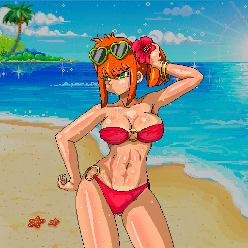 1girls allfenom animated beach bikini cameltoe female female_only freckles o-ring o-ring_bikini orange_hair pixel_art solo sweat tanline