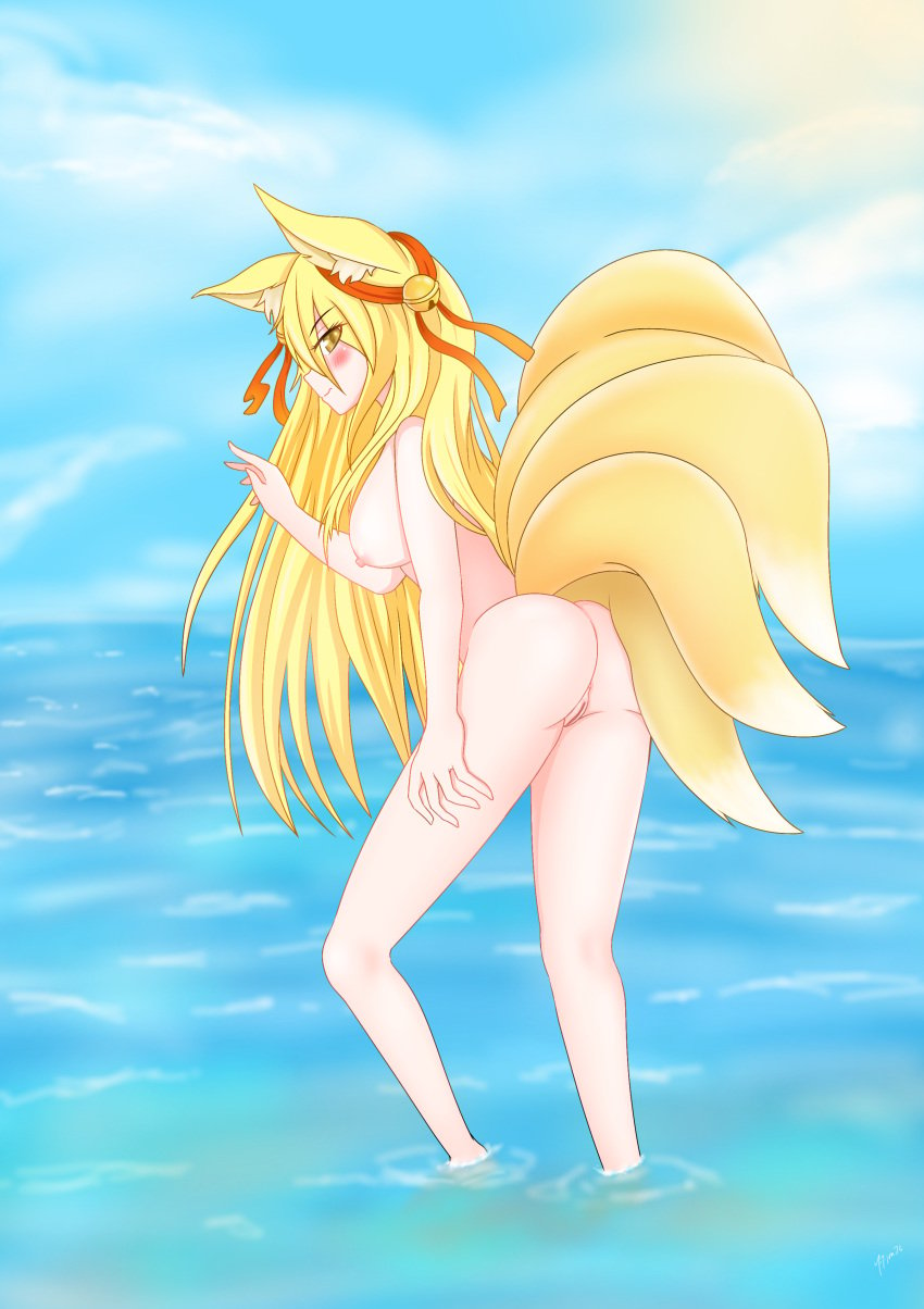 9_tails anime_gacha! bell_collar fox_ears gacha_art gacha_resort gacha_world kitsune kitsune_mitsuko looking_back lunime multiple_tails nude standing_in_water tail water yellow_eyes yellow_hair yogaim73